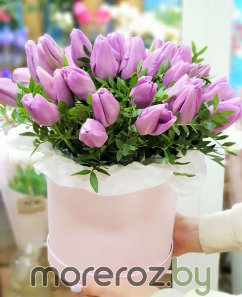 Коробка с тюльпанами "Лиловый шелк"