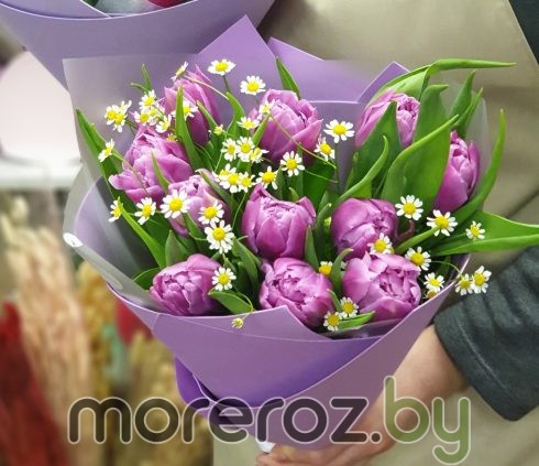 Букет пионовидных тюльпанов с ромашками